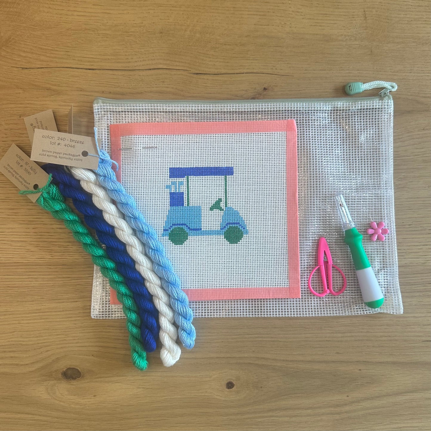 Blue Golf Cart Needlepoint Beginner Kit